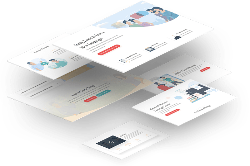 Illustration of a layered webpage layout showcasing various sections such as a header with images and text, a course listing, and a contact form, with red call-to-action buttons, highlighting key aspects of website development.
